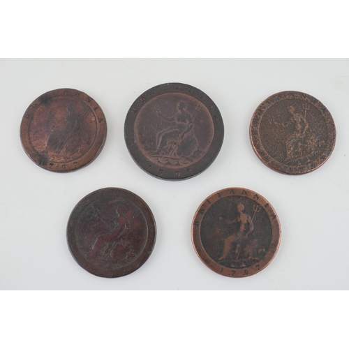 500 - A collection of five Georgian 1797 Cartwheel Tuppence coins of varying condition (5).