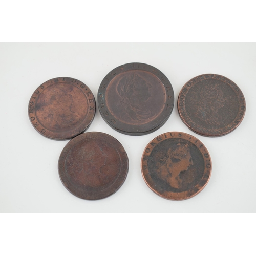 500 - A collection of five Georgian 1797 Cartwheel Tuppence coins of varying condition (5).