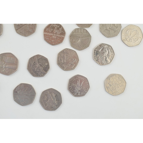 502 - A collection of fifty 50p piece coins to include Paddington, Olympics and others (50).