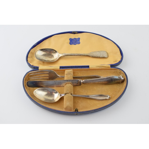 530 - Cased silver Christening set to include a spoon, knife (silver handled) and fork, with another silve... 