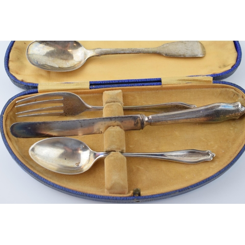 530 - Cased silver Christening set to include a spoon, knife (silver handled) and fork, with another silve... 