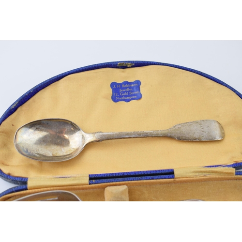 530 - Cased silver Christening set to include a spoon, knife (silver handled) and fork, with another silve... 