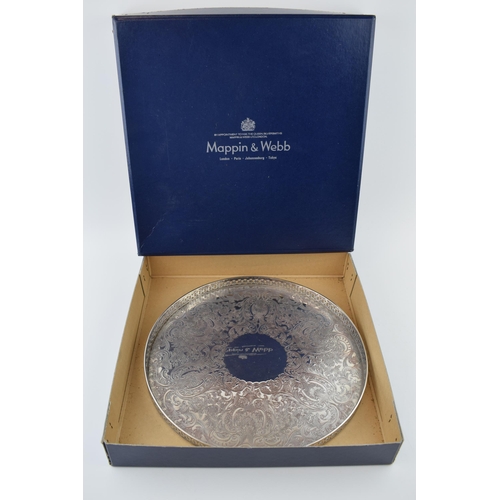 532 - Boxed silver plated Mappin and Webb galliered circular tray, 29.5cm wide.