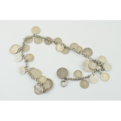 538 - Silver necklace with silver coins of varying ages to include hammered examples upto the 20th century... 