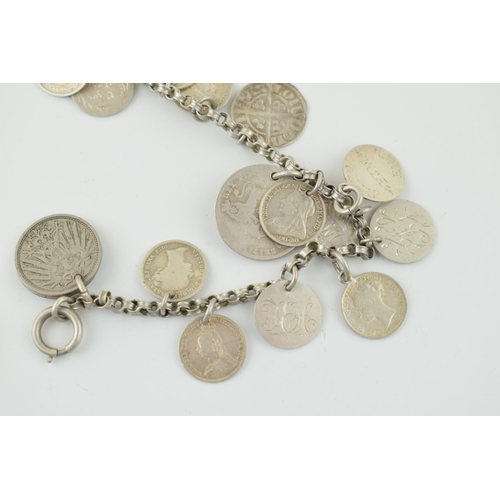 538 - Silver necklace with silver coins of varying ages to include hammered examples upto the 20th century... 