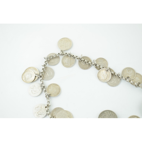 538 - Silver necklace with silver coins of varying ages to include hammered examples upto the 20th century... 