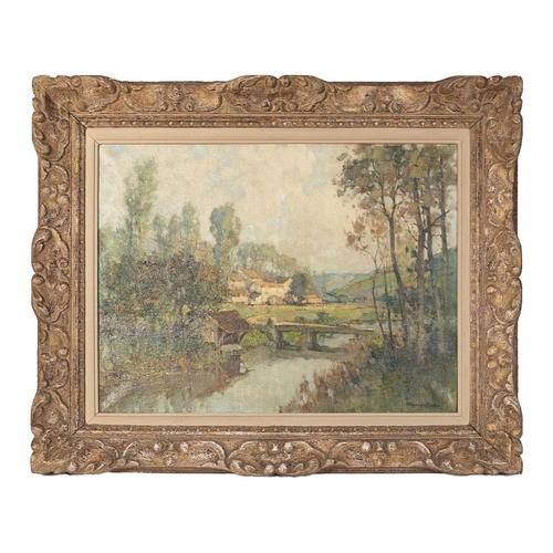 Georges Charles Robin, French, 1903-2003 framed oil on canvas impressionist style French country village scene entitled 'Village d'Aucrevier st Laurent Levie' c1948 signed by the artist lower right hand corner. Medal winning member of the Salon des A.Francis 1948. French Landscape Architects Prize. Original Exhibition Frame. 44cm x 60cm