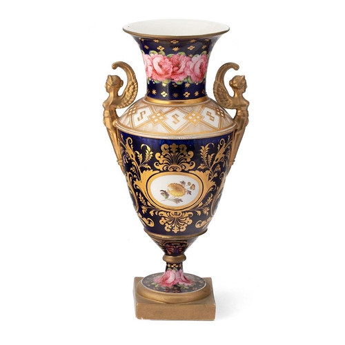 127 - 19th century porcelain vase, double handled in the form of figureheads, pink rose design, gilt highl... 