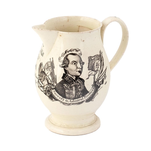 128 - Late 18th / early 19th century creamware jug 'Succefs to Admiral Rodney', 'Thomas Wall 1781', 'Heres... 