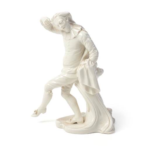 129 - Nymphenburg white glazed ceramic figure of Scaramouche with impressed to the base No 240, 19cm tall.