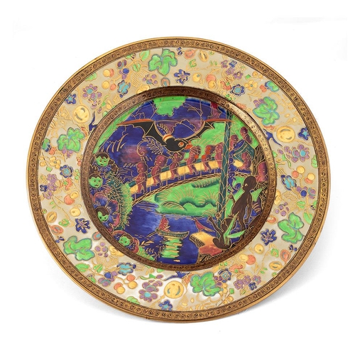 138 - Wedgwood Fairyland Lustre plate, 'Imps on a Bridge - Roc Centre', designed by Daisy Makeig Jones, th...