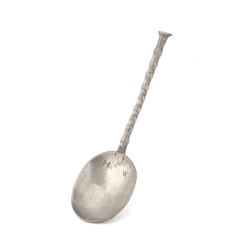 23 - Late 17th century pewter spoon with horse's hoof handle. Initials H W. c1685 - 90. Length 17.5cm.