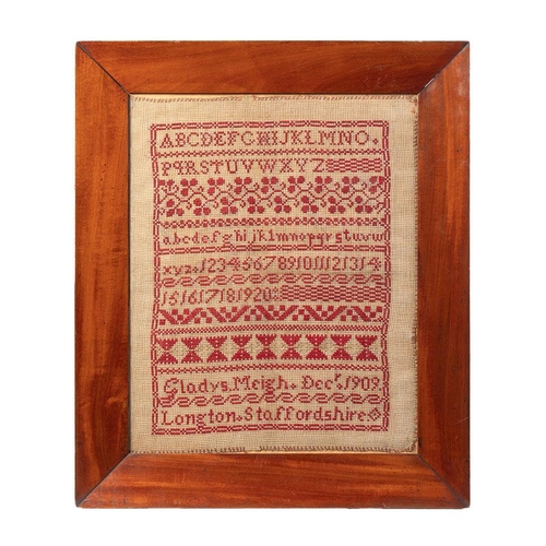 37 - Early c20th needlework embroidery sampler by Gladys Meigh Longton Staffordshire dated 1909 in an ori... 