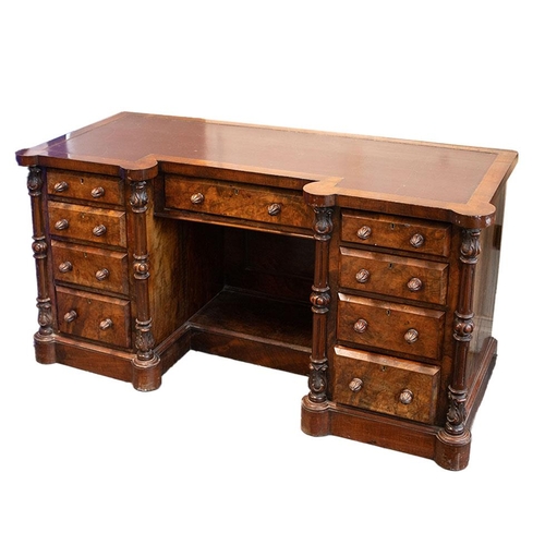 40 - Victorian burr walnut pedestal kneehole desk, breakfront, ornate handles, leather inset top, nine dr... 