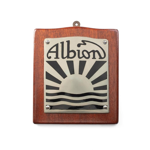 43 - An Albion Lorry badge mounted on mahogany plaque. 17cm x 15cm.