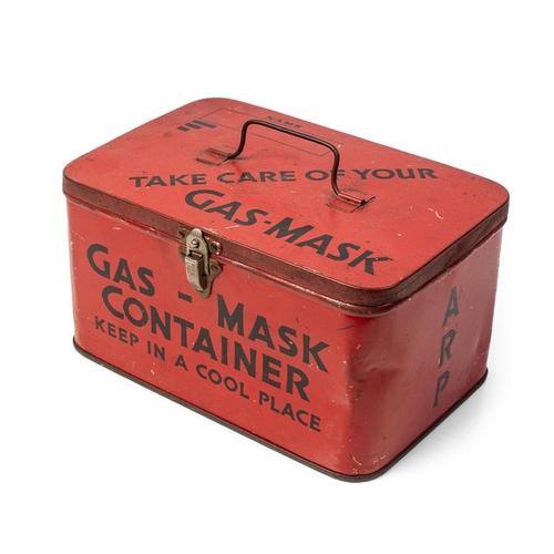 68 - A scarce vintage WW2 red ARP gas mask tin by Elkes Biscuits with original named civilian gas mask in... 