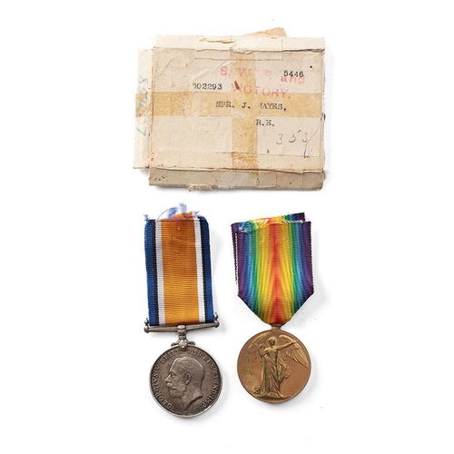 69 - A pair of WWI medals issued to SAPPER. J. HAYES RE in original cardboard boxes. (2)