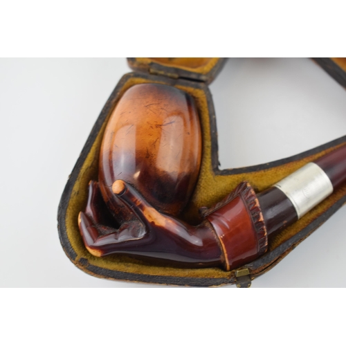 1 - Antique meerschaum pipe, in the form of a hand holding a two tone stoneware jar, silver band, possib... 