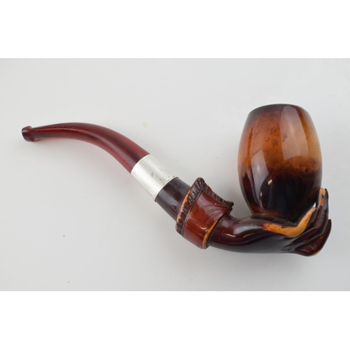 1 - Antique meerschaum pipe, in the form of a hand holding a two tone stoneware jar, silver band, possib... 