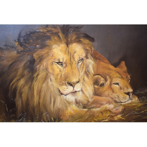 117 - J. Mackereth, after Landseer, 1911. Oil on canvas of Lion and Lioness in gilt frame.  60cm x 90cm