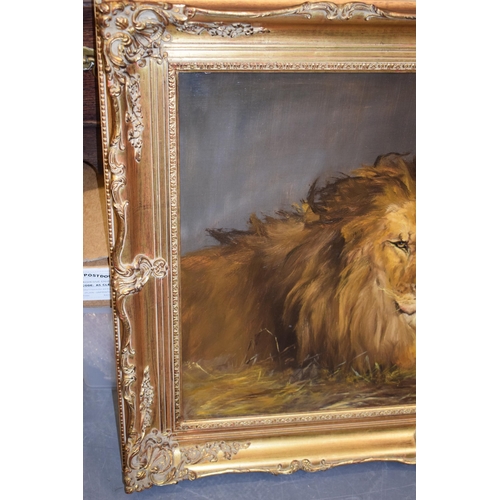 117 - J. Mackereth, after Landseer, 1911. Oil on canvas of Lion and Lioness in gilt frame.  60cm x 90cm