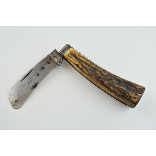 16 - Late c19th Victorian Flat Cap Pocket Pruner or Pruning Knife with Stag Antler Bone Handles, Sheffiel... 