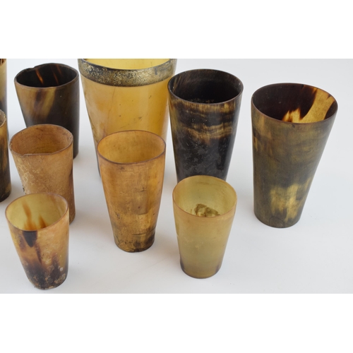 19 - A collection of horn beakers and drinking vessels, Georgian and later, one with white metal rim, ass... 