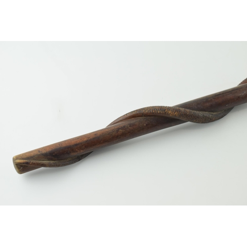 20 - Early to mid 20th century carved wooden walking stick, coiled snake, textured skin, with textured ha... 