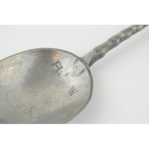 23 - Late 17th century pewter spoon with horse's hoof handle. Initials H W. c1685 - 90. Length 17.5cm.