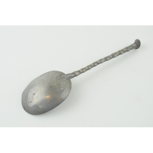 23 - Late 17th century pewter spoon with horse's hoof handle. Initials H W. c1685 - 90. Length 17.5cm.