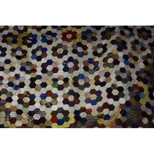 36 - Derbyshire Patchwork Quilt Coverlet Comprising of silk hexagonal Patches Possibly from Gentlemen's C... 