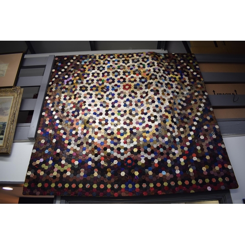 36 - Derbyshire Patchwork Quilt Coverlet Comprising of silk hexagonal Patches Possibly from Gentlemen's C... 