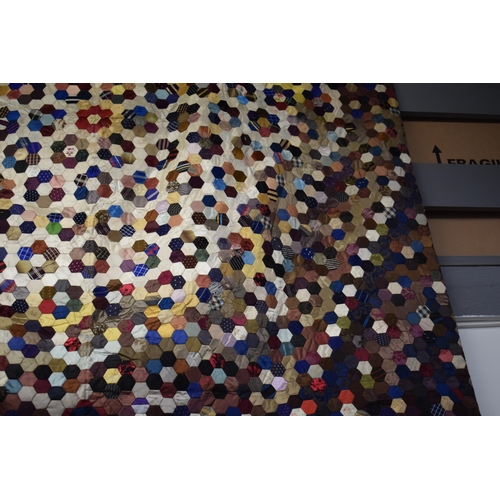 36 - Derbyshire Patchwork Quilt Coverlet Comprising of silk hexagonal Patches Possibly from Gentlemen's C... 