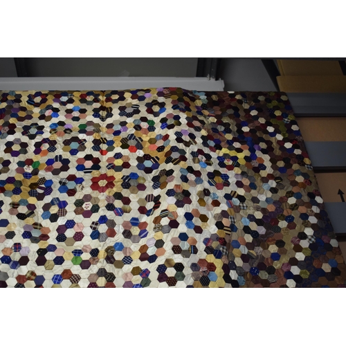 36 - Derbyshire Patchwork Quilt Coverlet Comprising of silk hexagonal Patches Possibly from Gentlemen's C... 