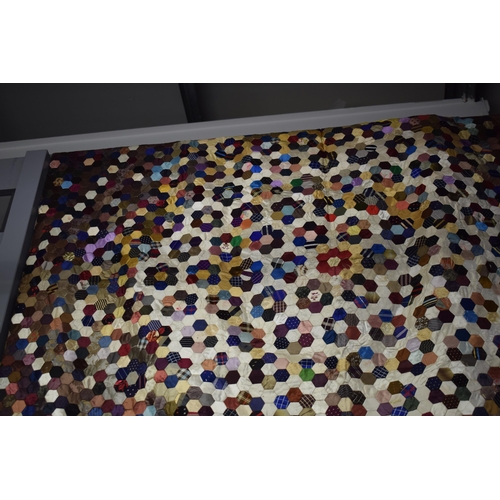 36 - Derbyshire Patchwork Quilt Coverlet Comprising of silk hexagonal Patches Possibly from Gentlemen's C... 