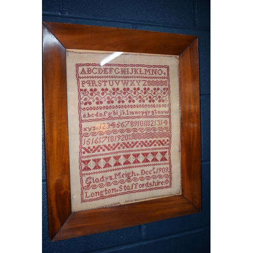 37 - Early c20th needlework embroidery sampler by Gladys Meigh Longton Staffordshire dated 1909 in an ori... 