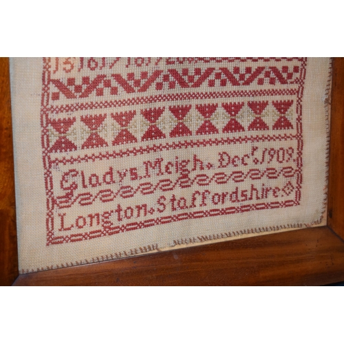 37 - Early c20th needlework embroidery sampler by Gladys Meigh Longton Staffordshire dated 1909 in an ori... 