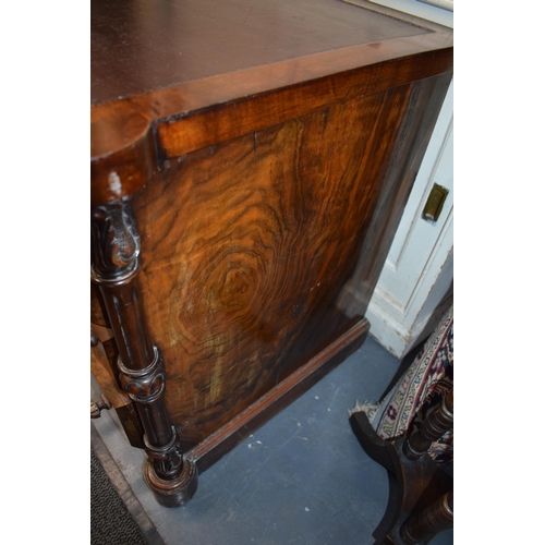 40 - Victorian burr walnut pedestal kneehole desk, breakfront, ornate handles, leather inset top, nine dr... 