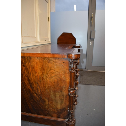 40 - Victorian burr walnut pedestal kneehole desk, breakfront, ornate handles, leather inset top, nine dr... 