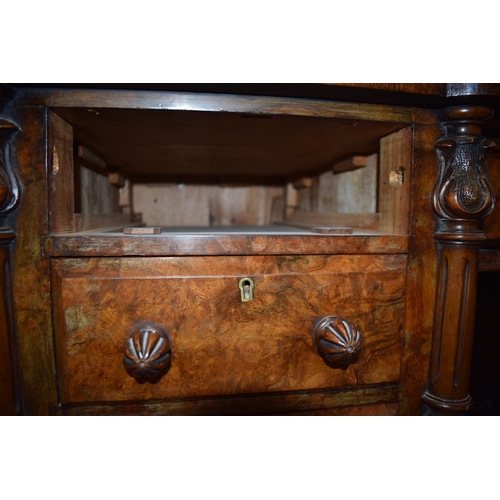 40 - Victorian burr walnut pedestal kneehole desk, breakfront, ornate handles, leather inset top, nine dr... 