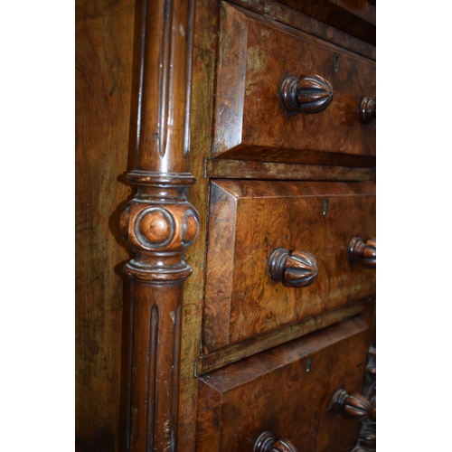 40 - Victorian burr walnut pedestal kneehole desk, breakfront, ornate handles, leather inset top, nine dr... 