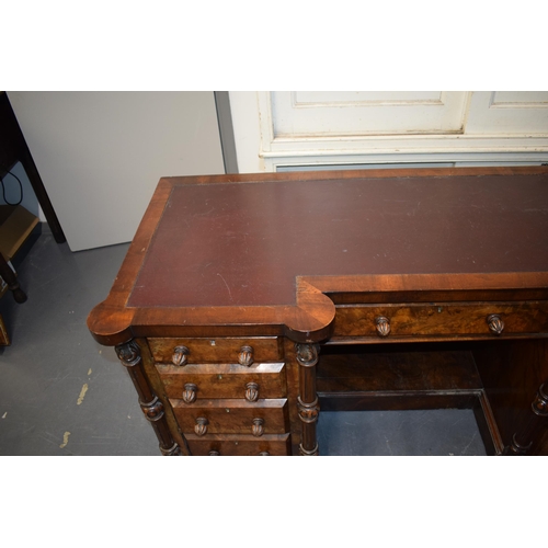 40 - Victorian burr walnut pedestal kneehole desk, breakfront, ornate handles, leather inset top, nine dr... 