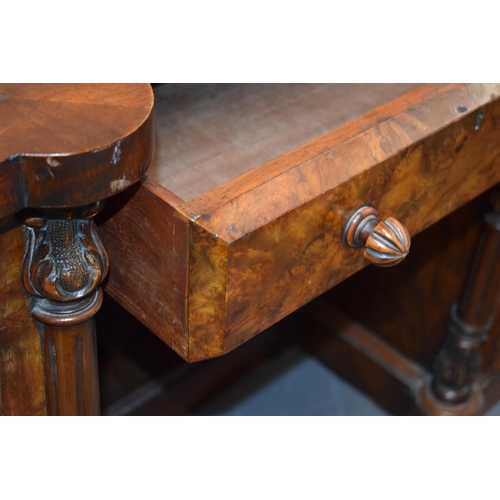 40 - Victorian burr walnut pedestal kneehole desk, breakfront, ornate handles, leather inset top, nine dr... 