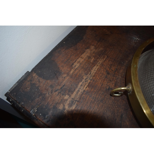 42 - Late 18th / early 19th century oak dresser base, three drawers, turned legs, brass handles and escut... 