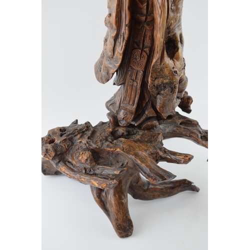 47 - c19th Chinese Walnut Wooden Tree Root Carving with Base & Small Carved Horse