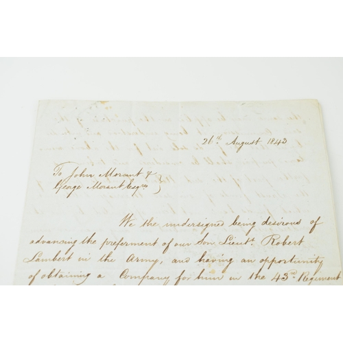 58 - 43rd Monmouthshire Light Infantry Regiment of Foot Letter 1843 regarding the purchasing of a Commiss... 