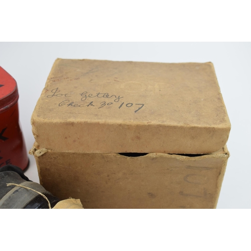 68 - A scarce vintage WW2 red ARP gas mask tin by Elkes Biscuits with original named civilian gas mask in... 