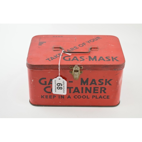 68 - A scarce vintage WW2 red ARP gas mask tin by Elkes Biscuits with original named civilian gas mask in... 