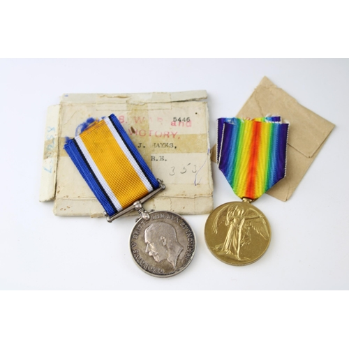 69 - A pair of WWI medals issued to SAPPER. J. HAYES RE in original cardboard boxes. (2)