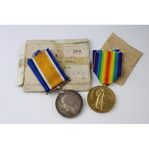 69 - A pair of WWI medals issued to SAPPER. J. HAYES RE in original cardboard boxes. (2)